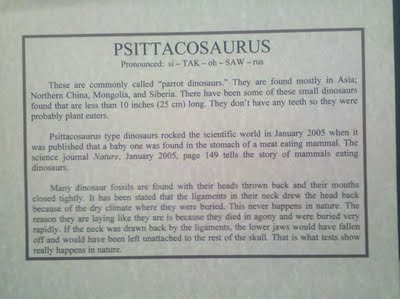 Misinformational Sign - Text Reads: PSITTACOSAURUS These are commonly called 'parrot dinosaurs.