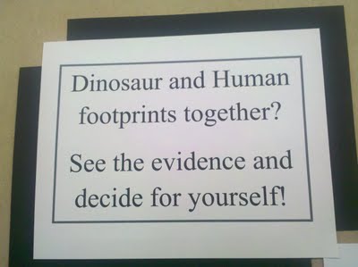 Sign that reads: Dinosaur and Human footprints together? See the evidence and decide for yourself!